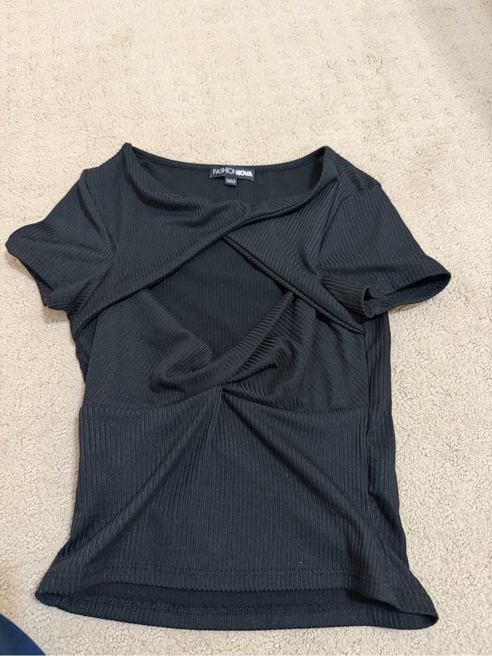 Fashion Nova Black Ribbed Twist-Front Short Sleeve Top